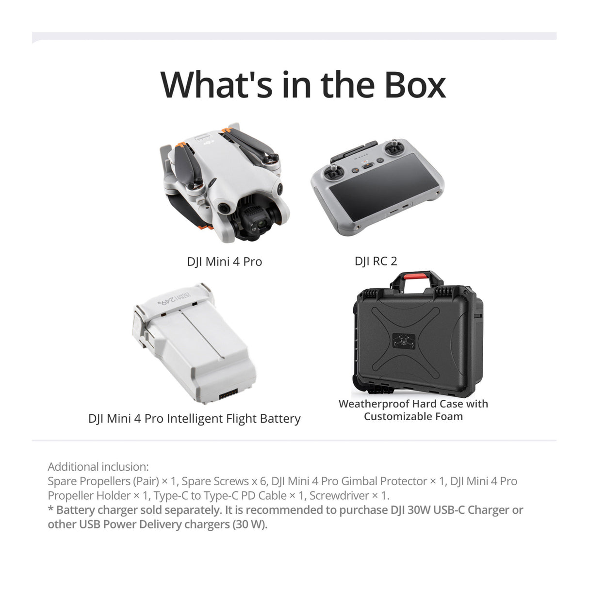 DJI Mini 4 Pro Drone with DJI RC 2 and Weatherproof Hard Case with Customizable Foam Bundle