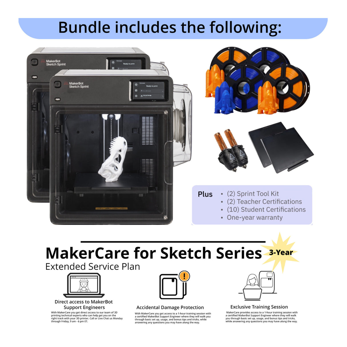 MakerBot Sketch Sprint 3D Classroom Bundle -Two Printers with Two 3-Year UltiMakerCare Plans