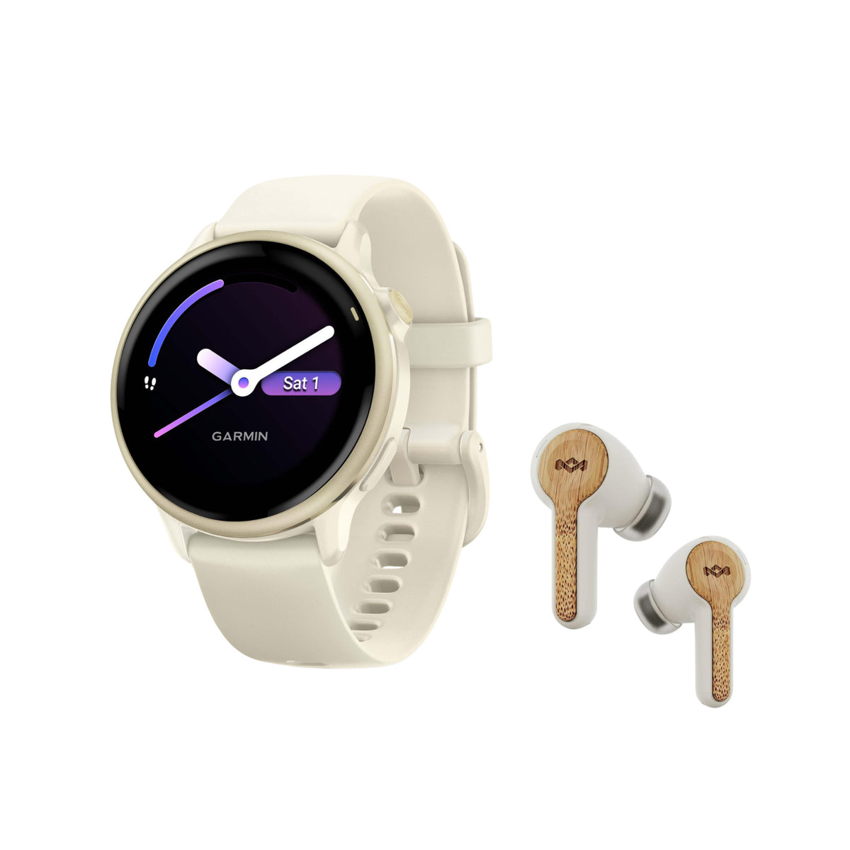 Garmin vivoactive 6 GPS Smartwatch (Lunar Gold/Bone Band) Bundle with Wireless Earbuds
