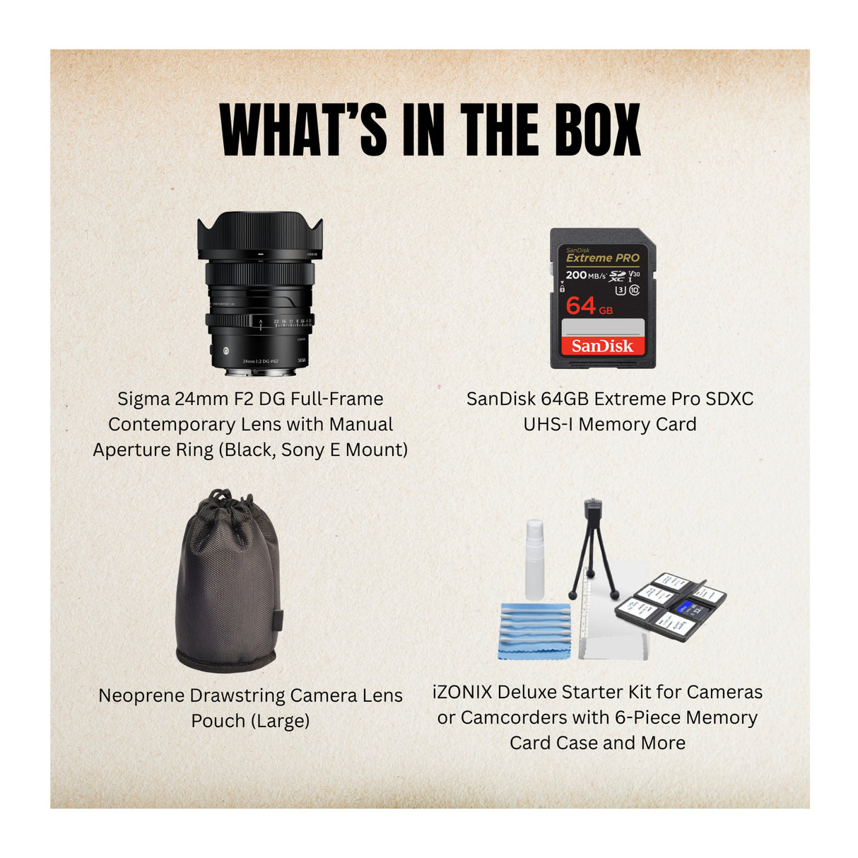 Sigma 24mm F2 DG Black Contemporary Lens for Sony E Mount and Accessories Bundle