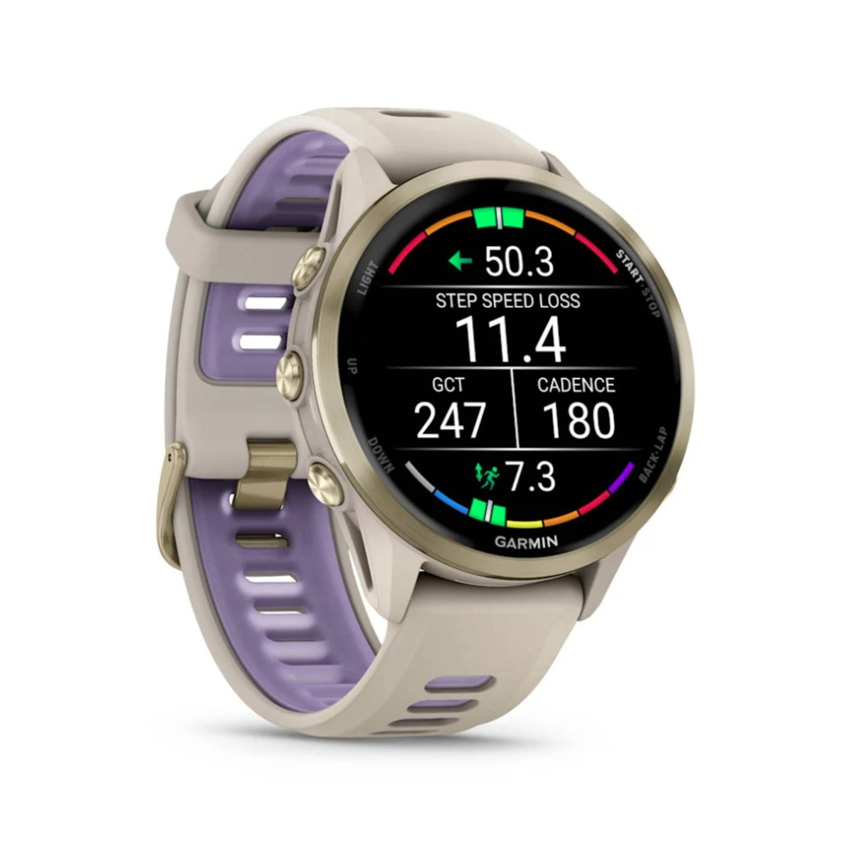Garmin Forerunner 970 Soft Gold Titanium with French Gray Case and Indigo Band