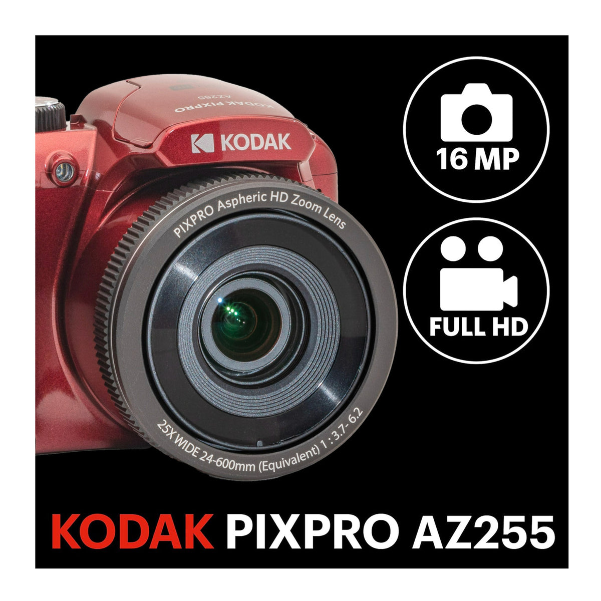 Kodak PIXPRO AZ255 Astro Zoom 16MP Digital Camera (Red) with 128GB SDXC Card