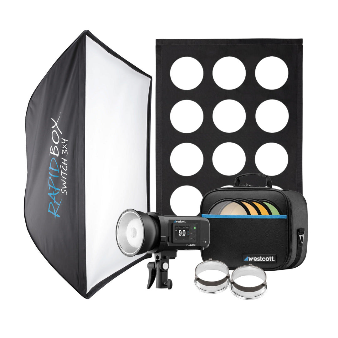 Westcott FJ400 400WS Black Strobe with Rectangular Softbox, System Mods, and Switch Insert Bundle