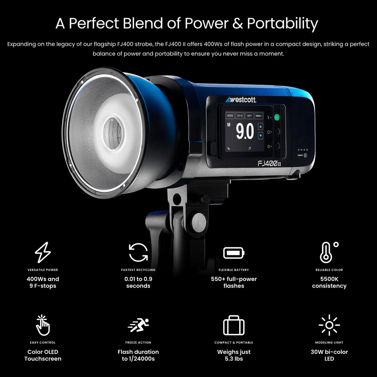 Westcott FJ400 400WS Black Strobe with Rectangular Softbox, System Mods, and Switch Insert Bundle