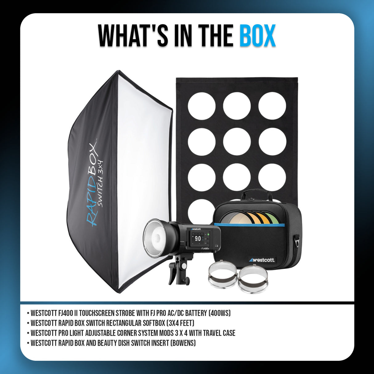 Westcott FJ400 400WS Black Strobe with Rectangular Softbox, System Mods, and Switch Insert Bundle