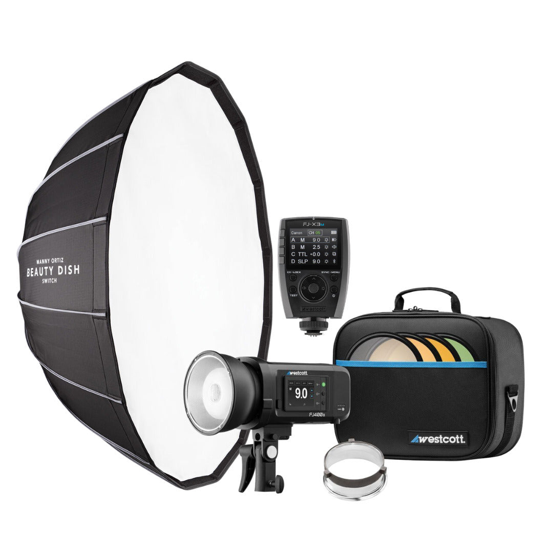 Westcott FJ400 400Ws Strobe with AC and DC Lithium Polymer Battery with Westcott Beauty Dish Bundle