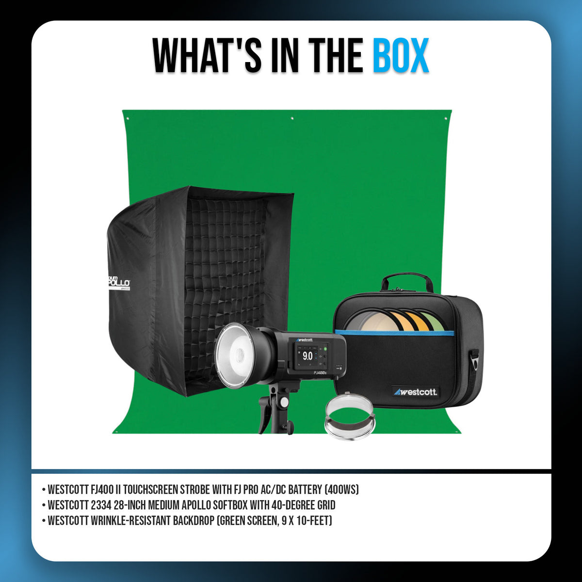 Westcott FJ400 400Ws Strobe with AC/DC Lithium Polymer Battery with Medium Apollo Softbox Bundle