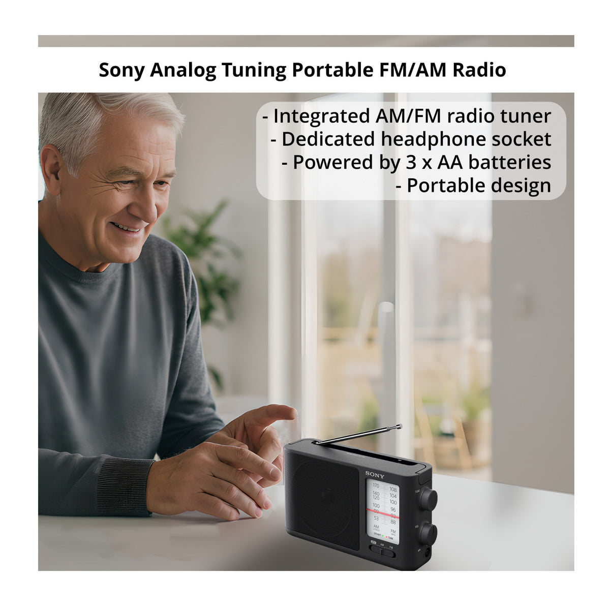 Sony ICF506 Portable Radio with AA (4-pack) and In-Ear Earbud Headphones Bundle