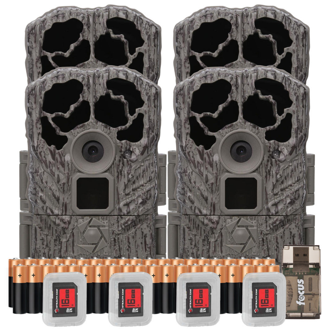 Stealth Cam Browtine 18MP Digital Trail Camera Combo with Focus High Speed Card Reader (4 Pack)