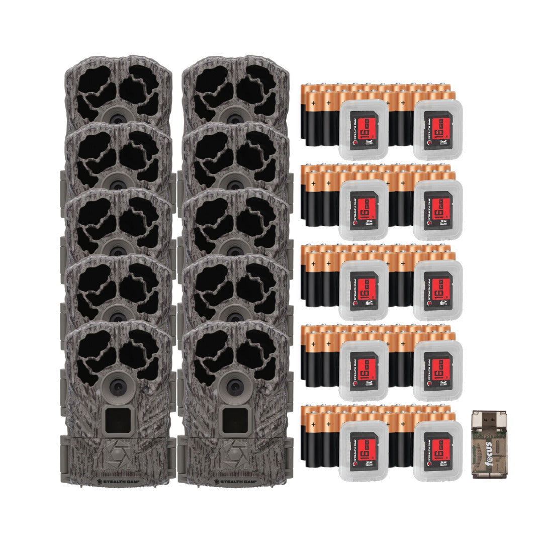 Stealth Cam Browtine 18MP Digital Trail Camera Combo with Focus High Speed Card Reader (10 Pack)