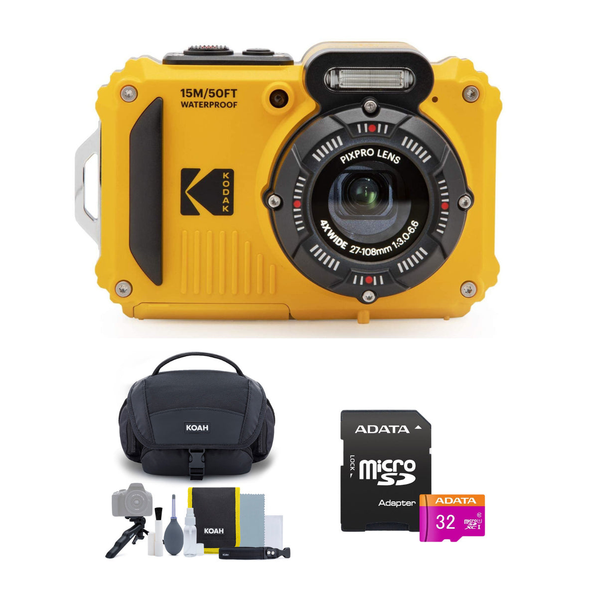 Kodak PIXPRO WPZ2 Rugged Waterproof 16MP Camera with 4x Zoom (Yellow) with Case and 32GB MicroSD