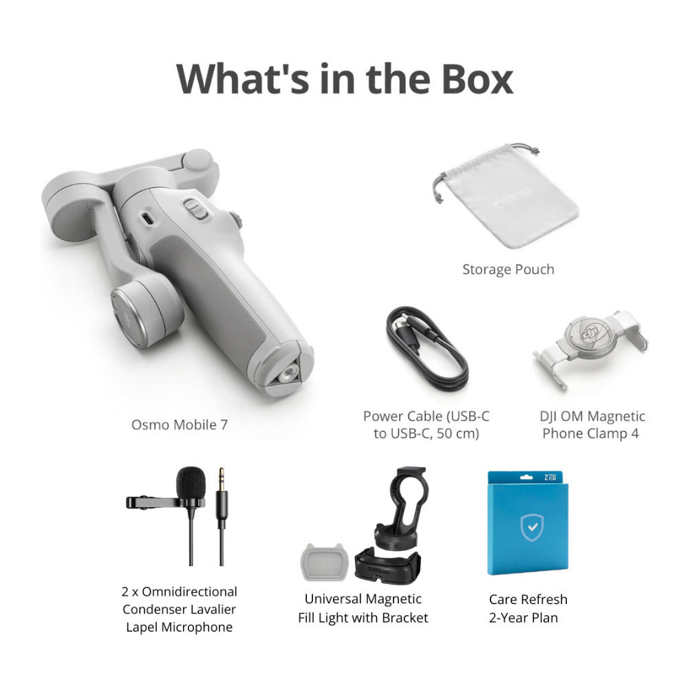 DJI Osmo Mobile 7 Gimbal 2 Knox Mics LED Light 1-Year DJI Care Protection Bundle