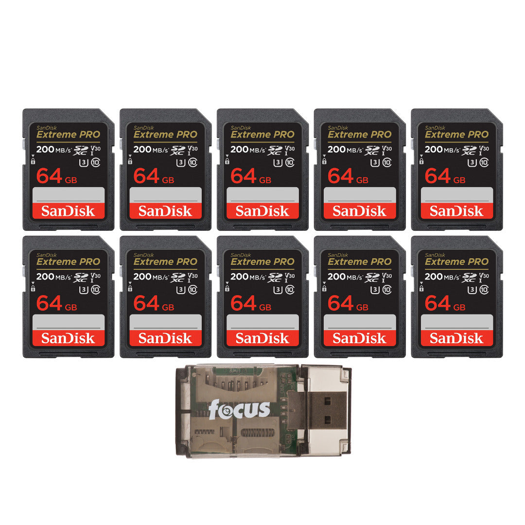 SanDisk 64GB Extreme Pro SDXC UHS-I Memory Card (10-Pack) with USB Card Reader