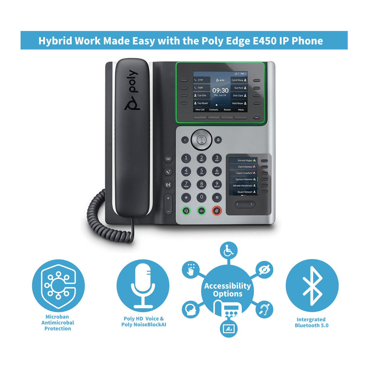 Poly Edge E450 IP Desk Phone with Wi-Fi Bluetooth and 8-Line Keys (6 Pack)