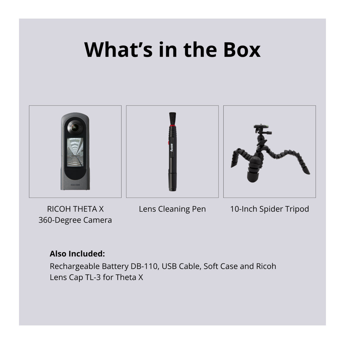Ricoh Theta X 360-Degree Camera with Lens Cap TL-3 Bundle with Accessories