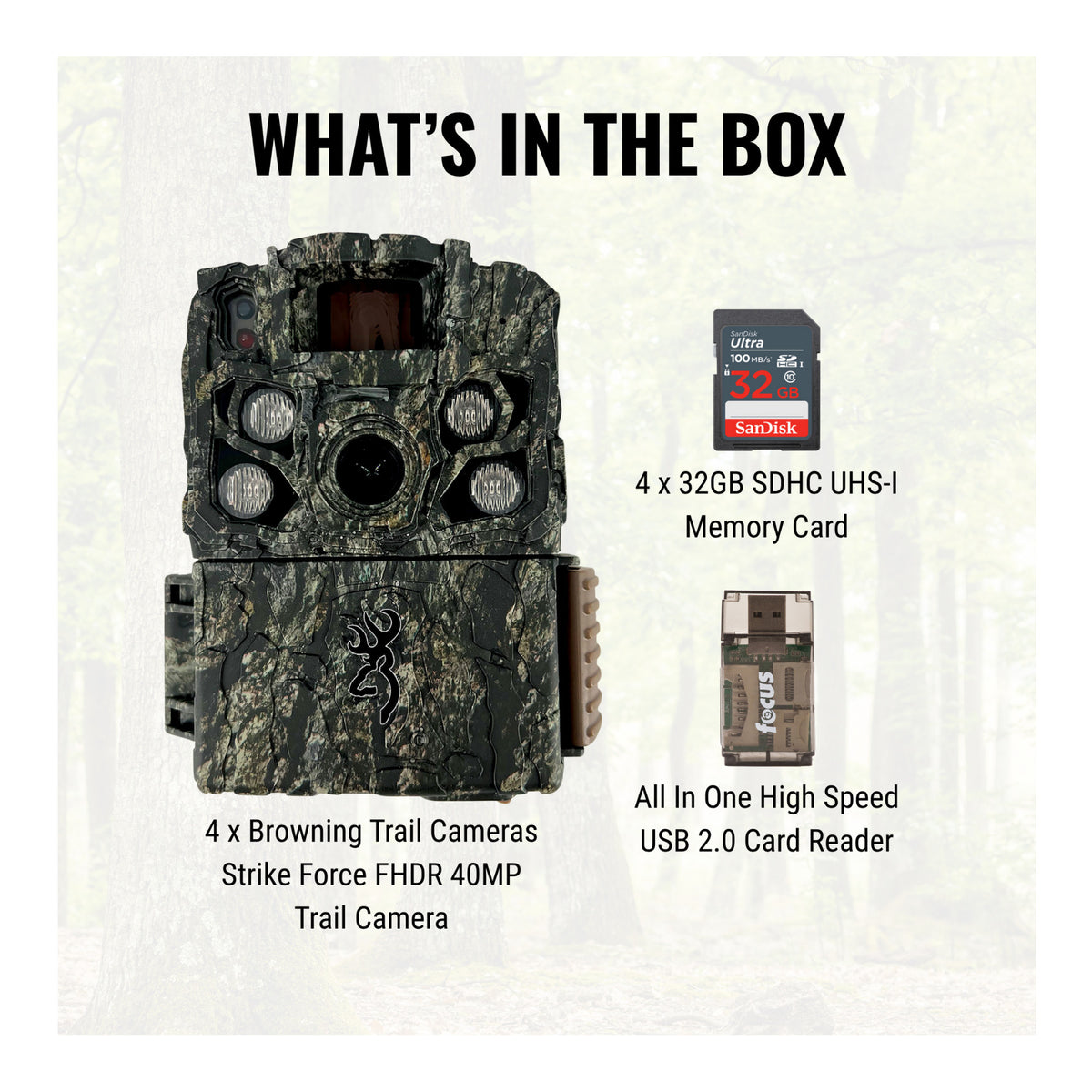 Browning Trail Camera - Strike Force FHDR 40MP (4-Pack) with Accessories Bundle
