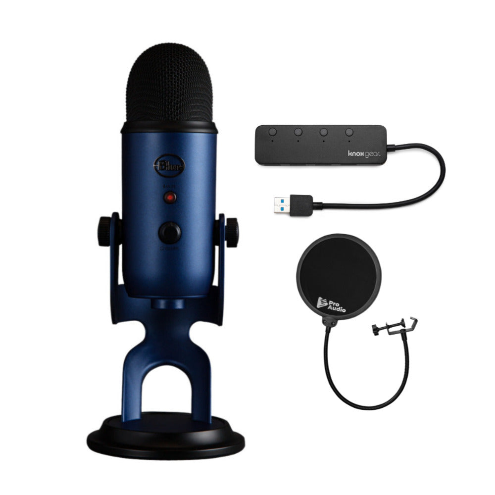 Blue Microphones Yeti USB Microphone (Midnight Blue) with 4-Port USB 3.0 Hub and Pop Filter