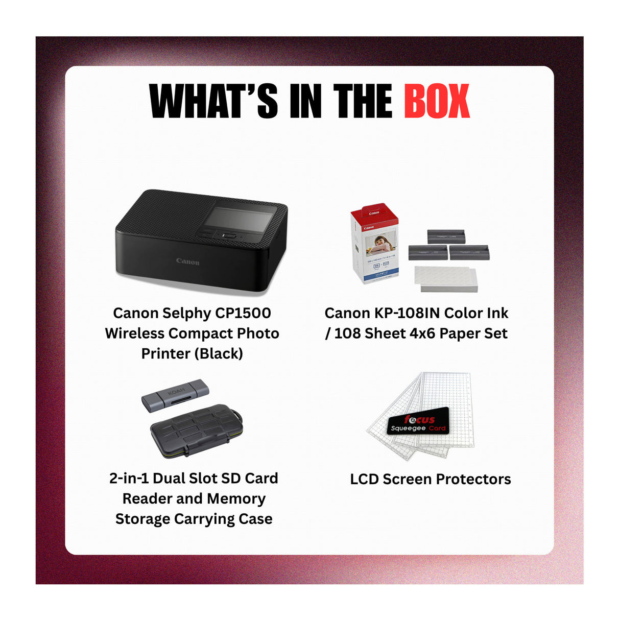 Canon Selphy CP1500 Wireless Compact Photo Printer (Black) Bundle