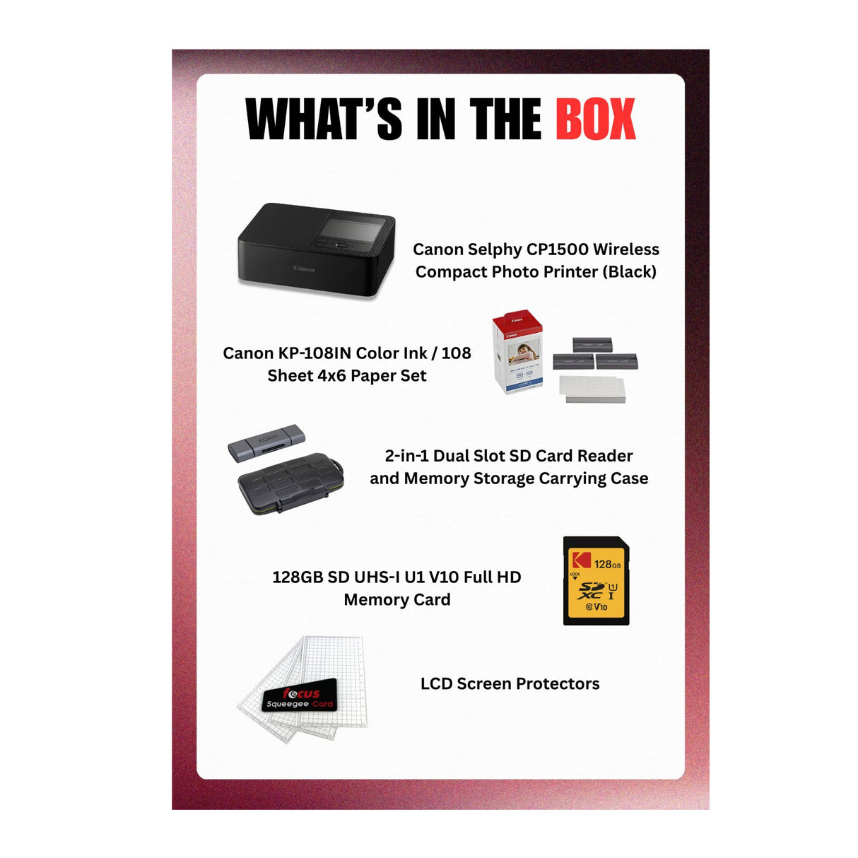 Canon Selphy CP1500 Wireless Photo Printer (Black) with Accessories Bundle