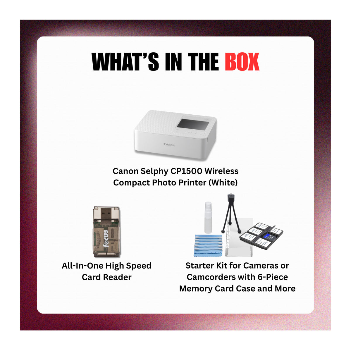 Canon Selphy CP1500 Wireless Photo Printer (White) with Card Reader Bundle