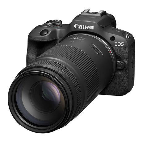 Canon EOS camera with lens on a white background
