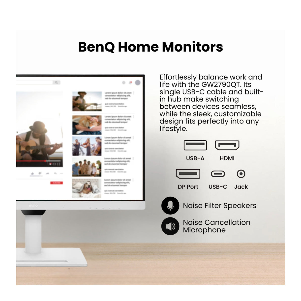 BenQ GW2790QT 27-Inch 2K QHD Monitor 75Hz (White) with Screen Cleaner HDMI Cable and USB-C Hub