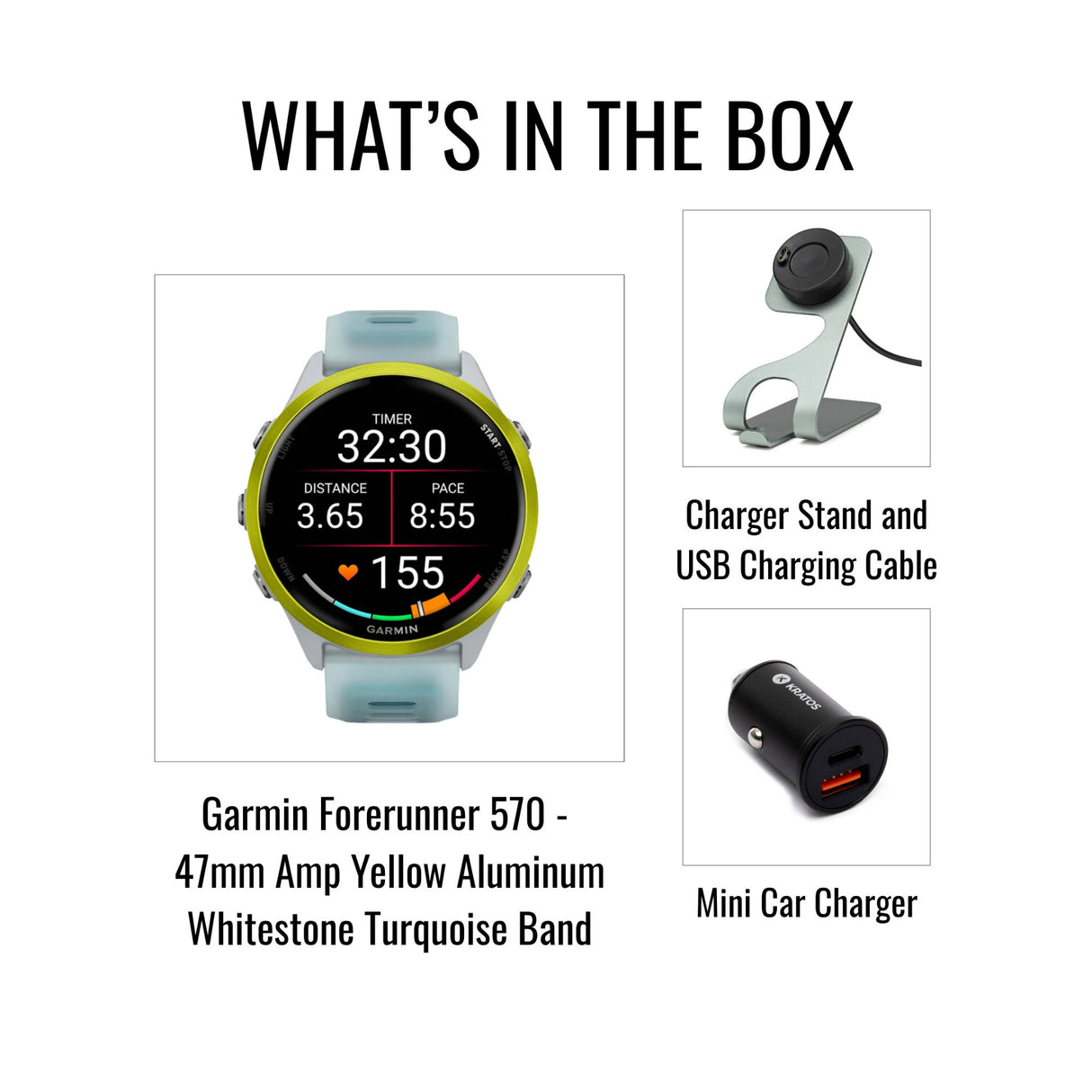 Garmin Forerunner 570 47mm Smartwatch (Amp Yellow/Whitestone Turquoise) and Accessories Bundle