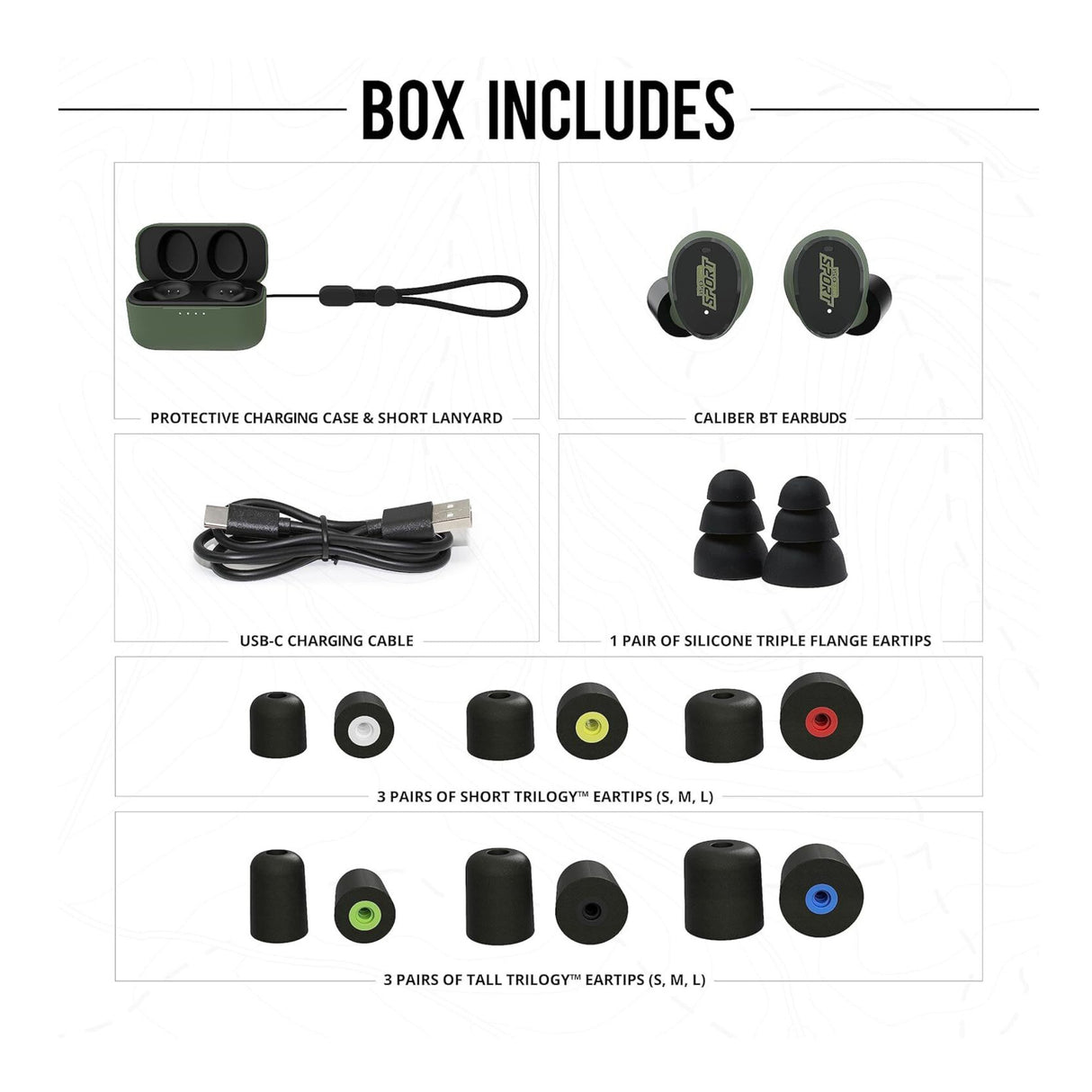 CALIBER Tactical Earbuds with True Wireless Bluetooth, 25 NRR, OD Green & Black