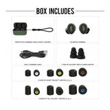 CALIBER Tactical Earbuds with True Wireless Bluetooth, 25 NRR, OD Green & Black