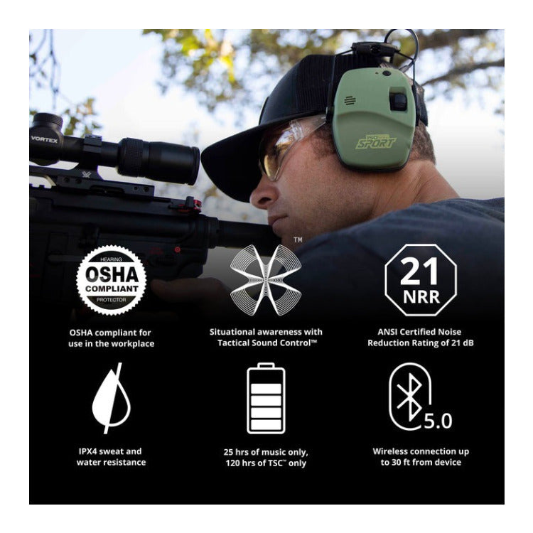 DEFY Slim BT Electronic Earmuffs with Bluetooth, 21 NRR, OD Green (Open Box)