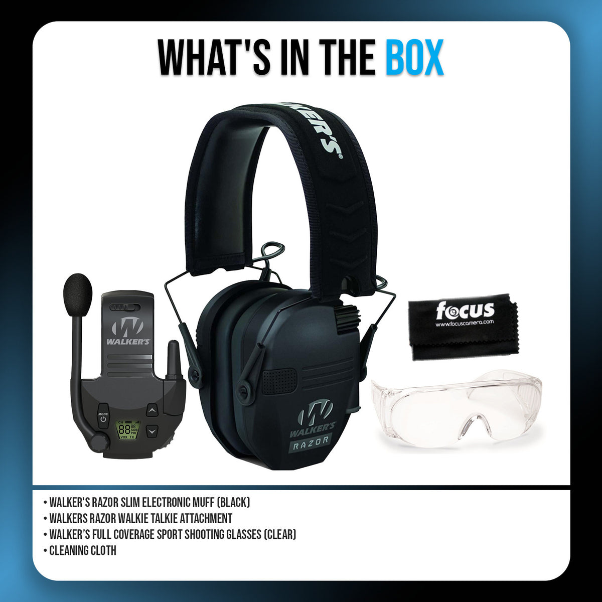 Walkers Razor Slim Electronic Muffs (Black) with Walkie Talkie Attachment Bundle