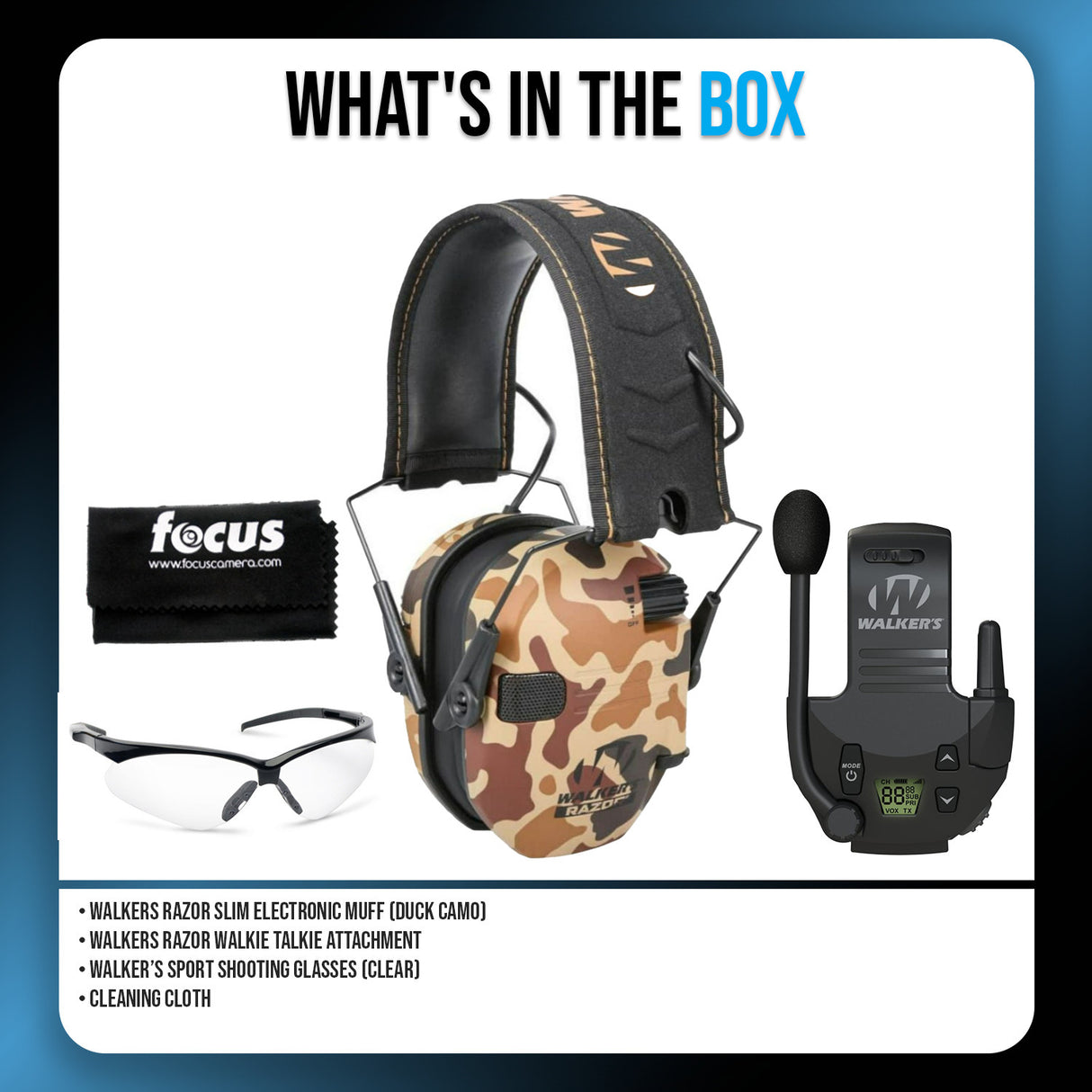 Walkers Razor Walkie Talkie Bundle with Ear Muffs (Duck Camo) and Accessories