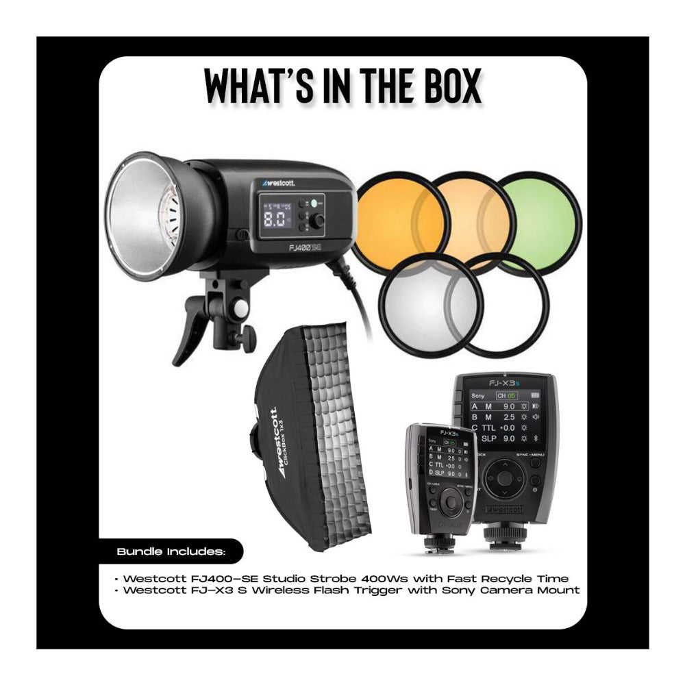 Westcott FJ400-SE 400W Strobe with Wireless Trigger, ClickBox 1x3 Softbox Bundle