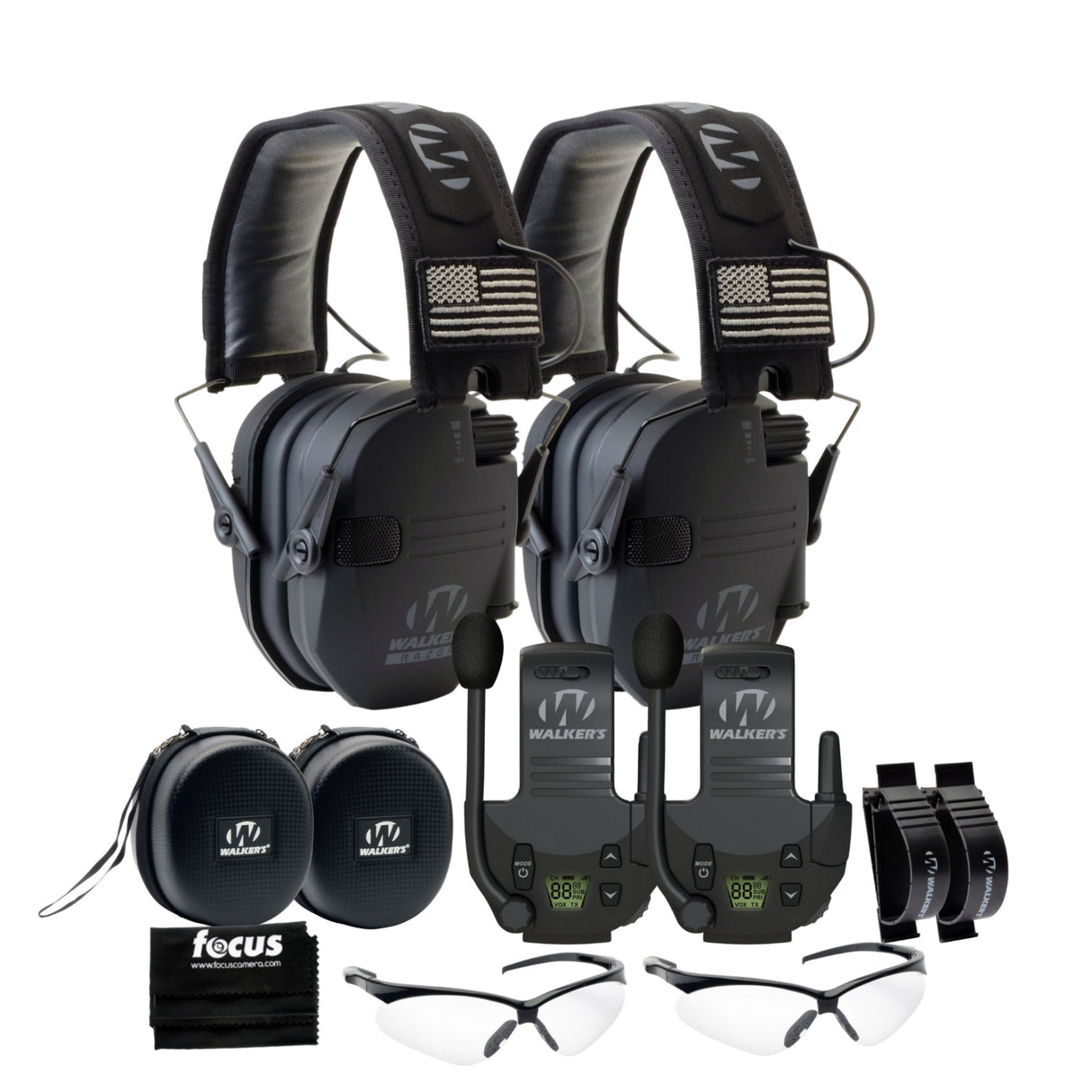 Walkers Razor Walkie Talkie Bundle with Ear Muff (Black Patriot) and Accessories