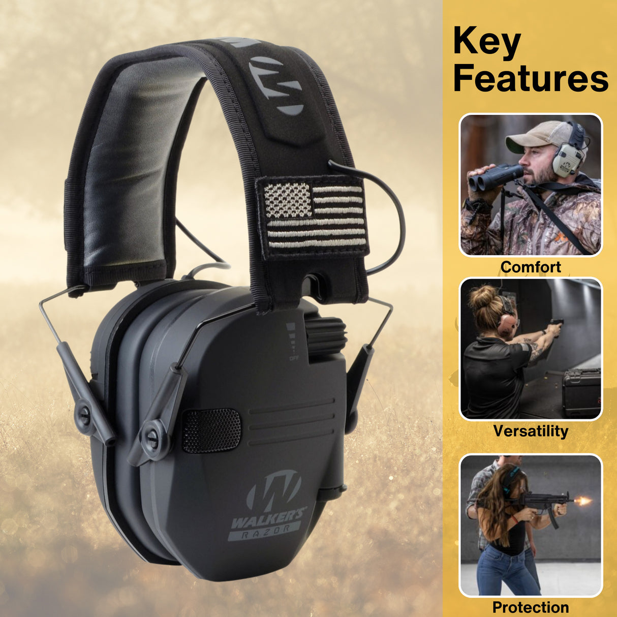 Walkers Razor Walkie Talkie Bundle with Ear Muff (Black Patriot) and Accessories