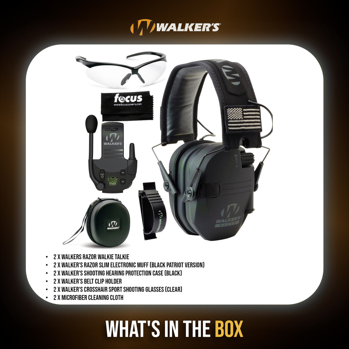 Walkers Razor Walkie Talkie Bundle with Ear Muff (Black Patriot) and Accessories