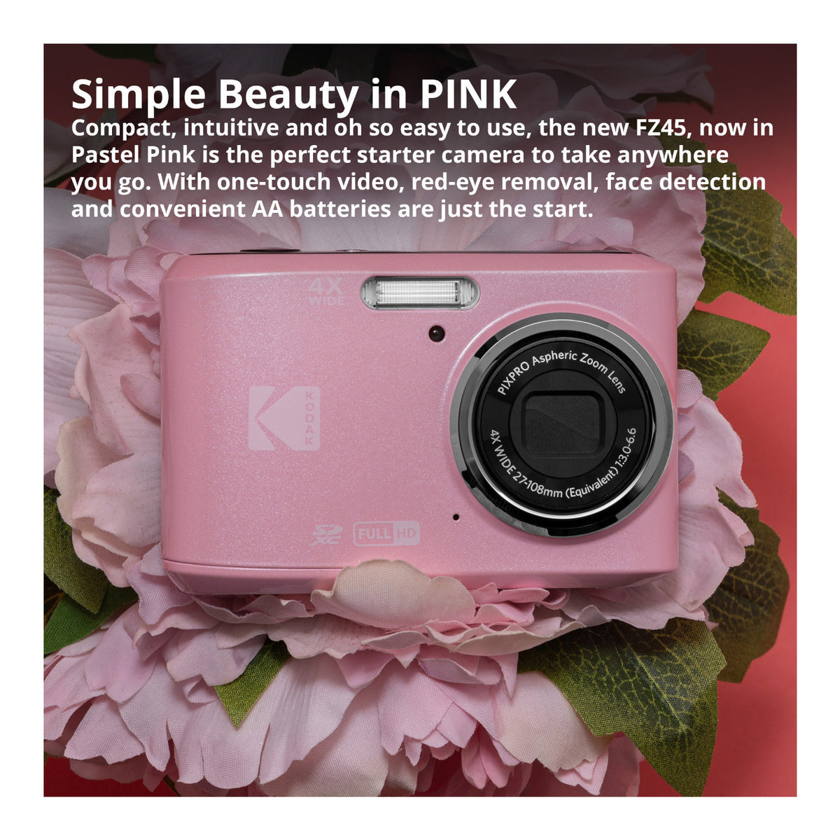 Kodak PixPro FZ45 Friendly Zoom 16MP Digital Camera (Pink) with SD Card and Case