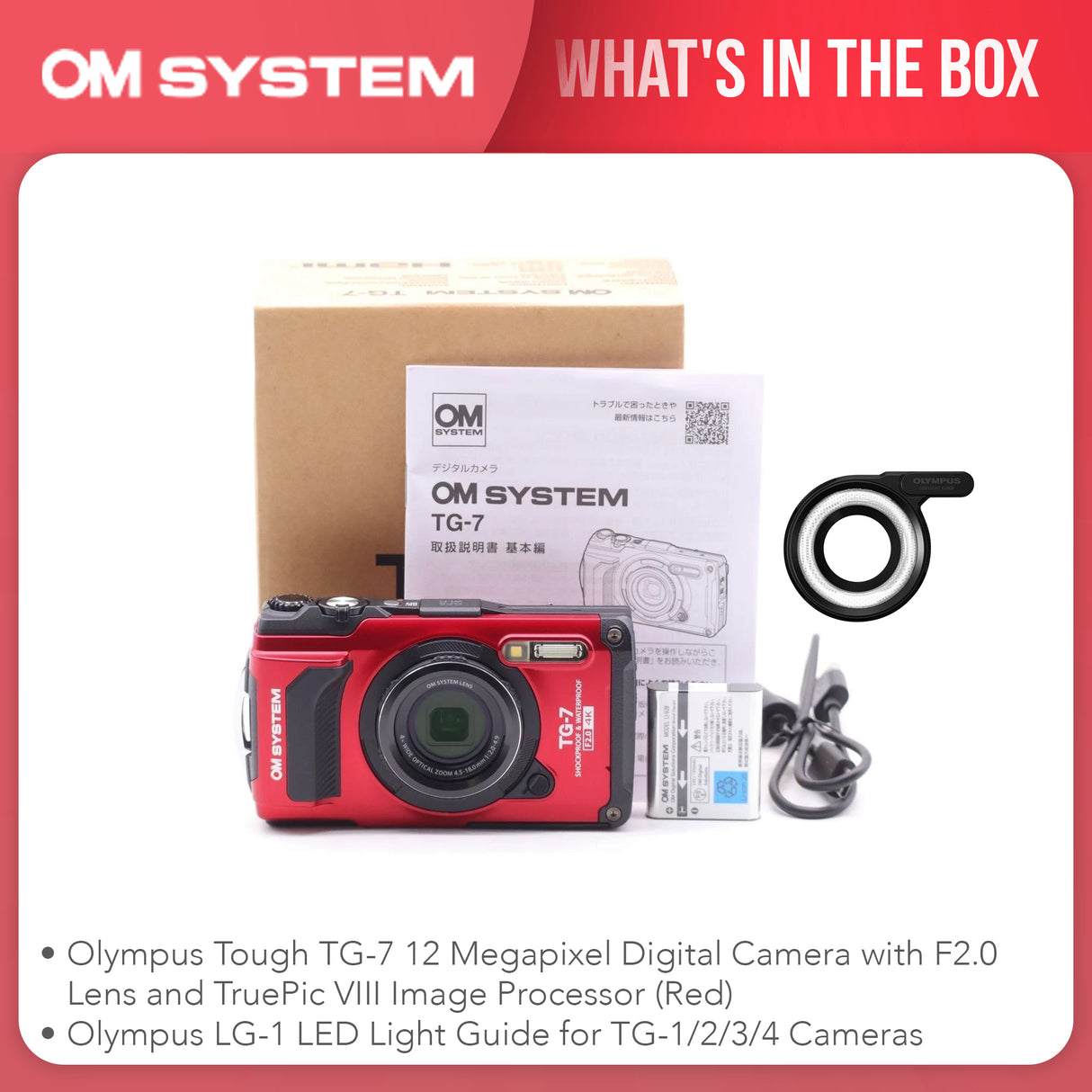 Olympus Tough TG-7 Digital Camera (Red) Bundle with Olympus LG-1 LED Light Guide
