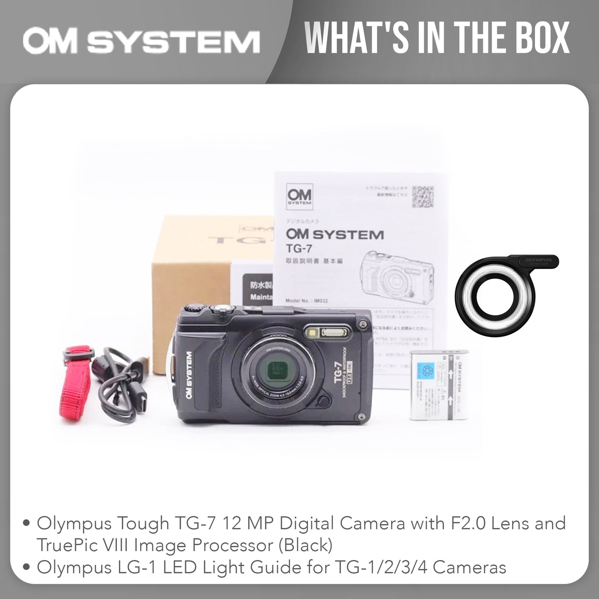 Olympus Tough TG-7 12MP Digital Camera (Black) Bundle with LG-1 LED Light Guide