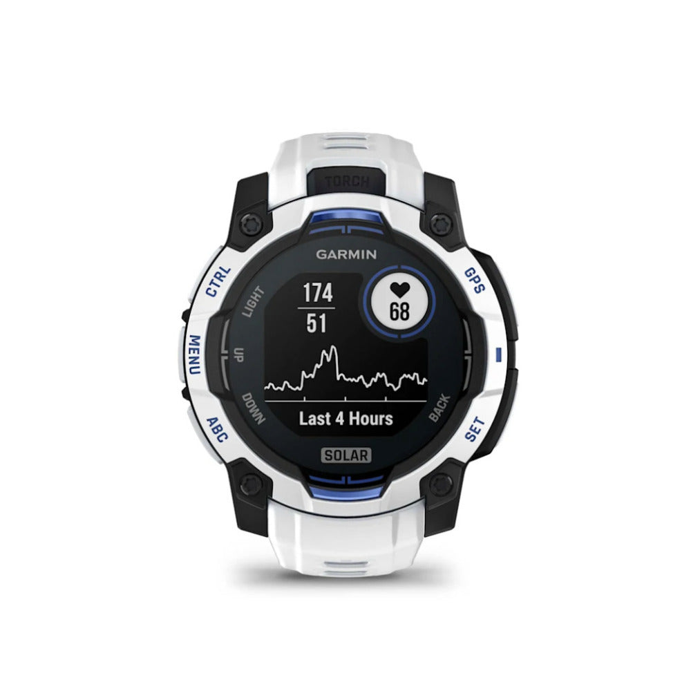 Garmin Instinct 3 AMOLED GPS Smartwatch (Whitestone/Bolt Blue)