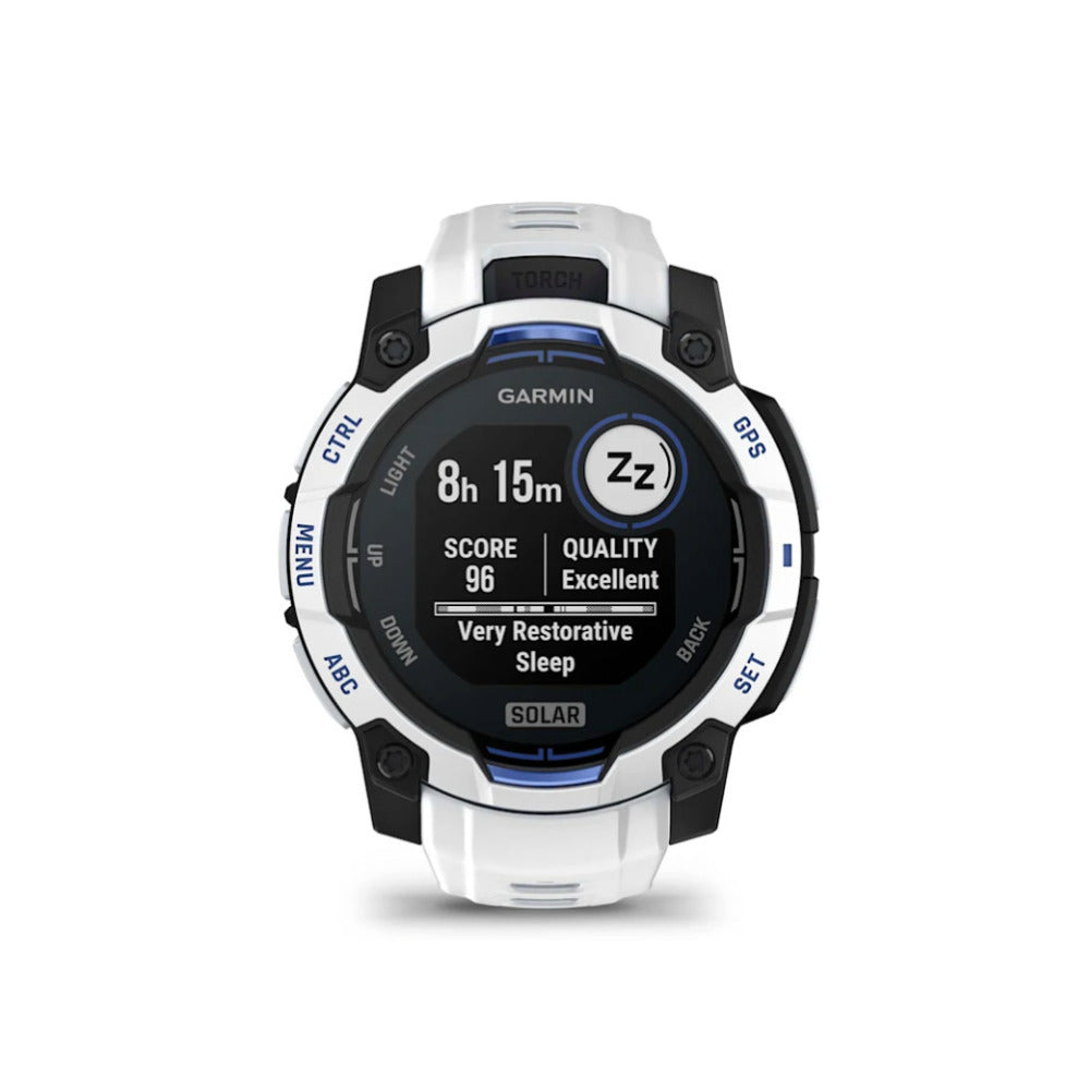 Garmin Instinct 3 AMOLED GPS Smartwatch (Whitestone/Bolt Blue)