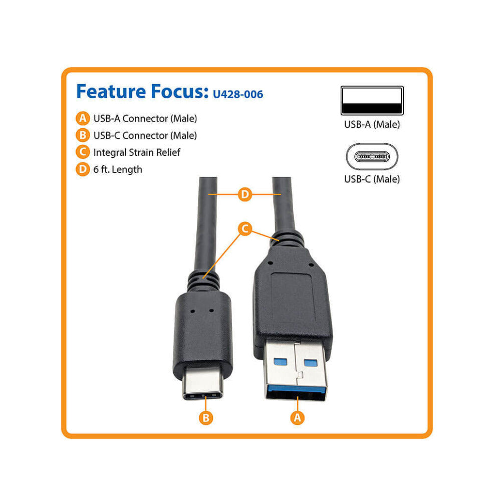Tripp Lite USB C to USB-A Cable 5 Gbps USB 3.1 Gen 1 M/M USB Type C (6-Ft)