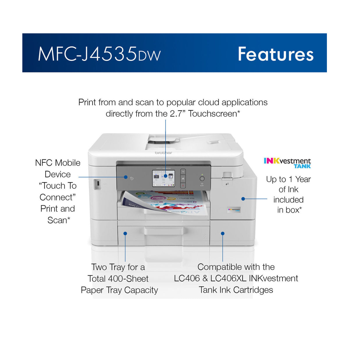 Brother MFC-J4535DW INKvestment All-in-One Color Inkjet Printer (White)