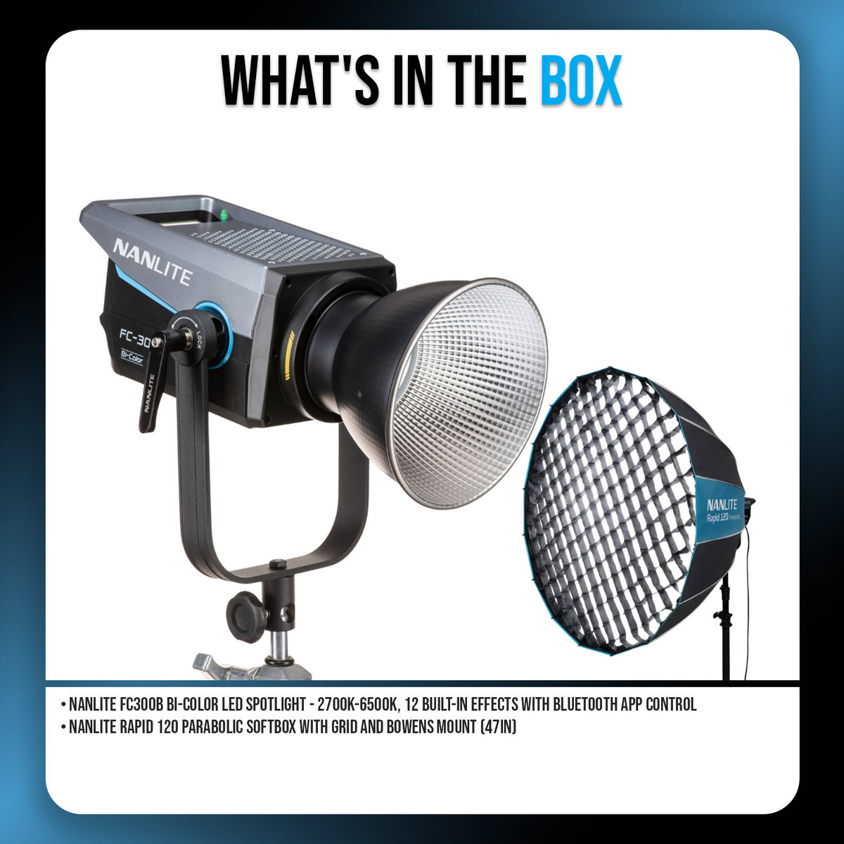 Nanlite FC300B Bi-Color LED Spotlight Bundle with Rapid 120 Parabolic Softbox