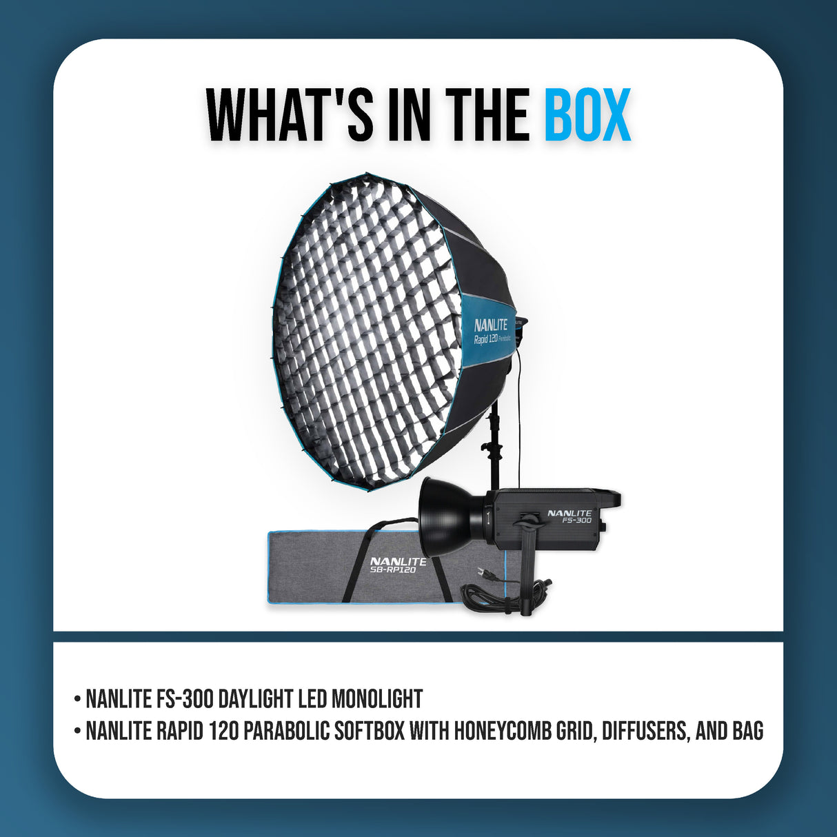 Nanlite FS-300 Daylight AC LED Monolight Bundle with Rapid 120 Parabolic Softbox