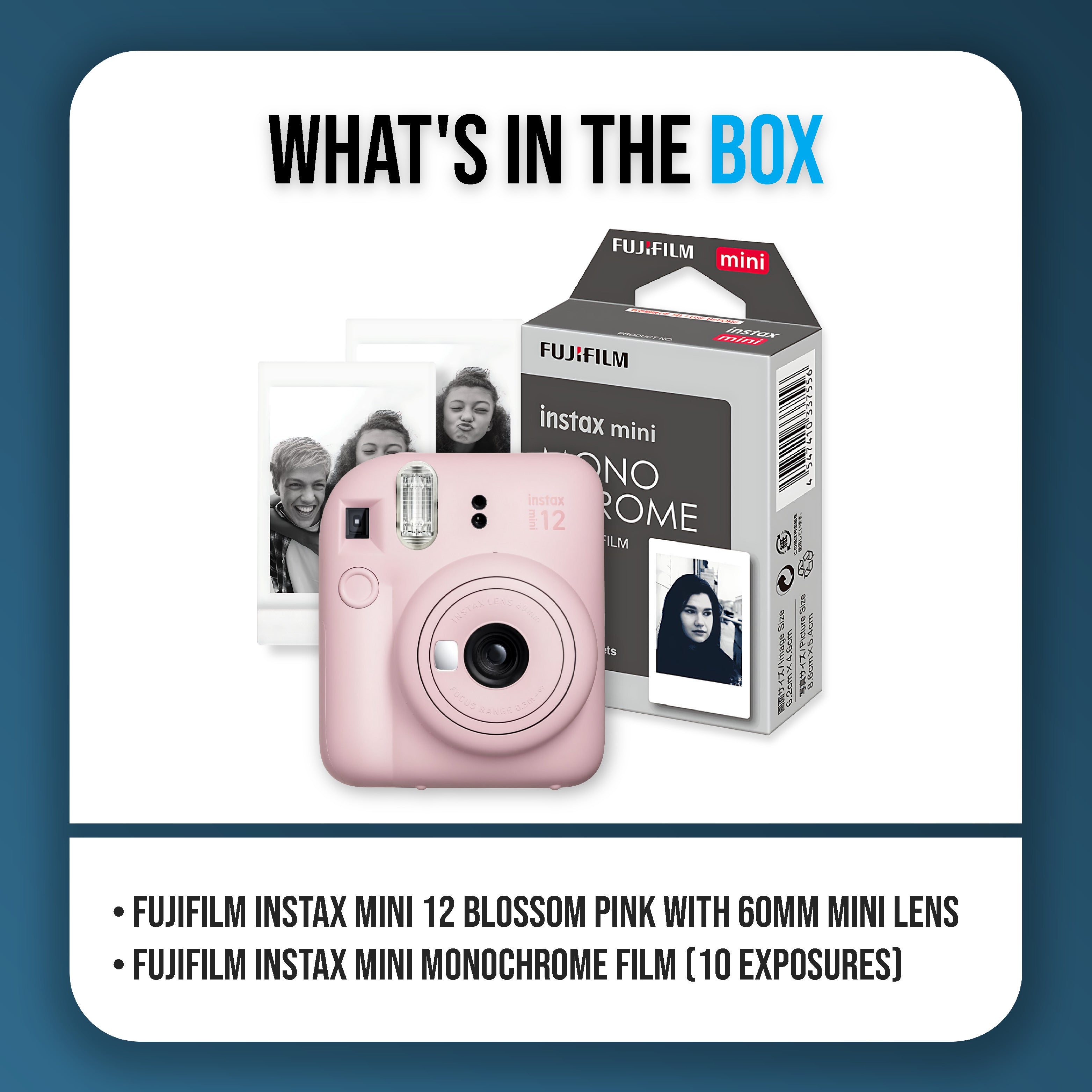 Fujifilm Instax Mini 12 Blossom Pink Bundle with 10 Monochrome