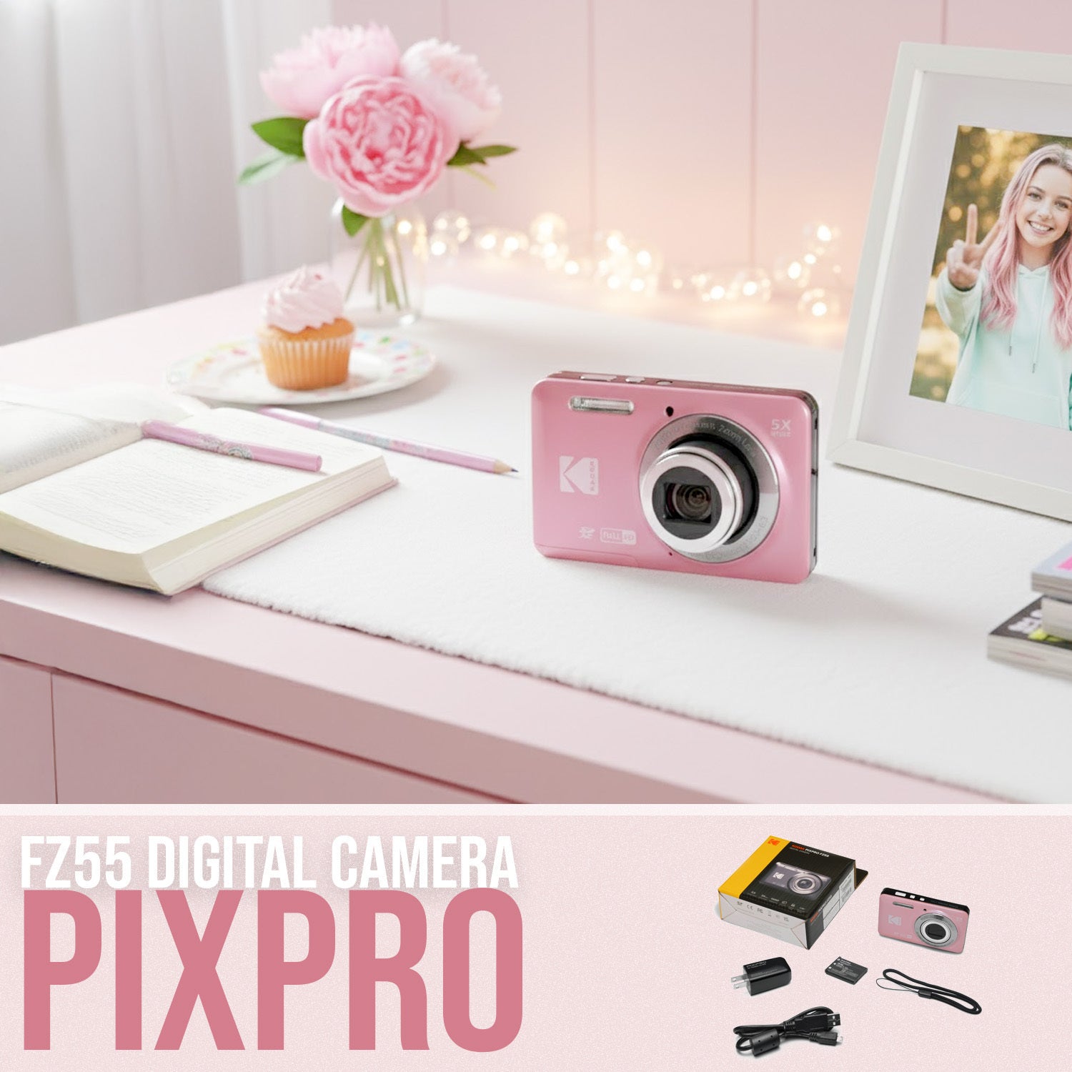 Kodak PixPro Friendly Zoom FZ55 16MP FHD Digital Camera (Pastel
