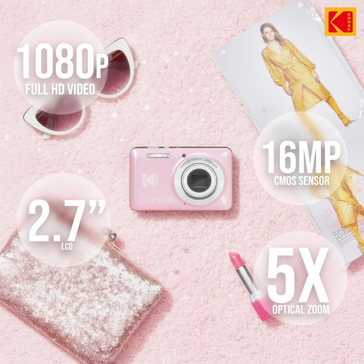 Kodak PixPro Friendly Zoom FZ55 16MP FHD Digital Camera (Pastel Pink) Bundle