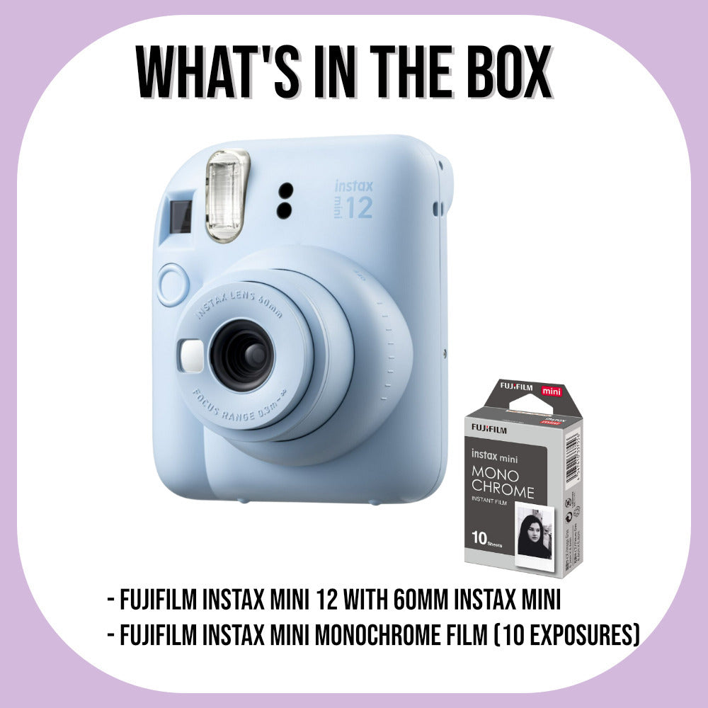 Fujifilm Instax Mini 12 (Pastel Blue) Bundle with Mini Monochrome Film