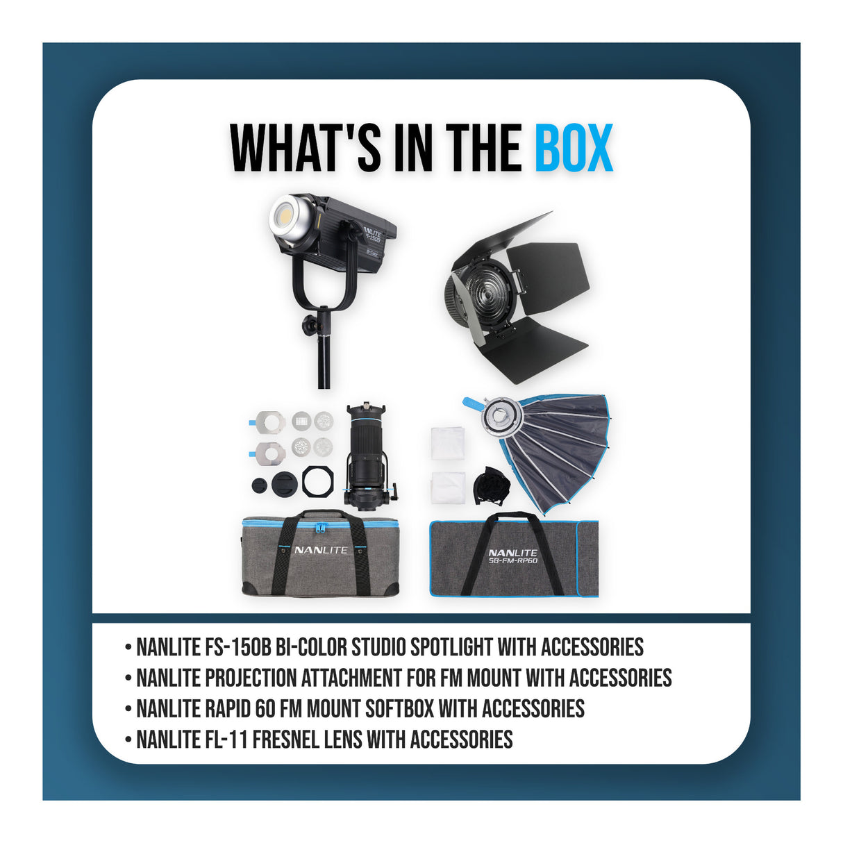 Nanlite FS-150B Bundle with Projection Attachment, Softbox, and Fresnel Lens